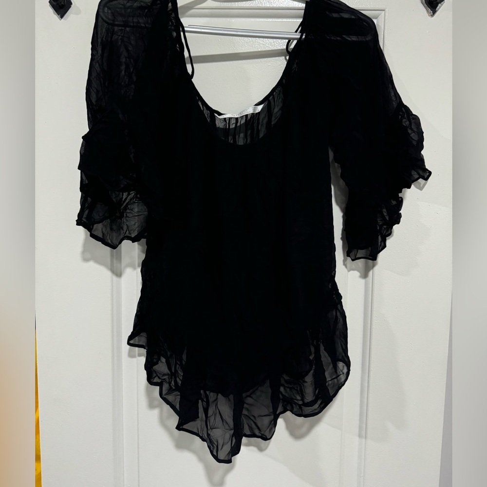 Zara Trafaluc Black Sheer Ruffle Hem Peasant Blouse Women’s Boho Top - Picture 4 of 4
